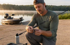 Best Casting Rods for Every Jig You Throw Angler holding a casting rod rigged with a jig at a lake boat ramp in early morning light