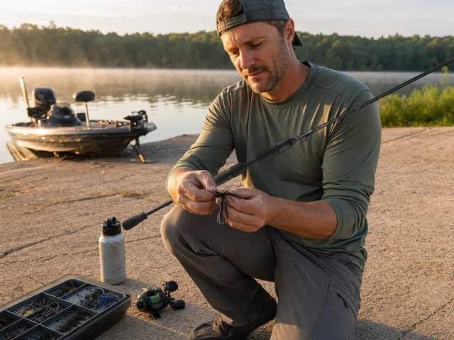 0-best-casting-rods-jig-fishing-hero Angler holding a casting rod rigged with a jig at a lake boat ramp in early morning light