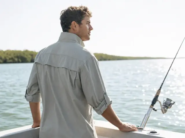0-best-upf-fishing-shirts-hero Angler in a vented long-sleeve UPF fishing shirt on a skiff deck under high sun