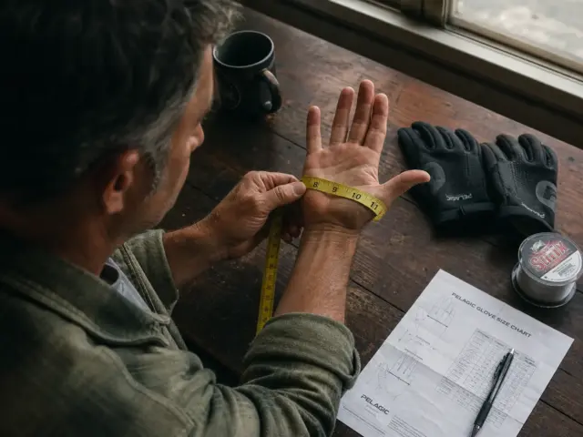 0-fishing-glove-sizing-hand-measurement Angler measuring hand circumference with a soft tape for fishing glove sizing