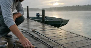 One-Piece vs Two-Piece Rods What You Really Give Up One-piece and two-piece fishing rods laid side by side on a wet lake dock at dawn