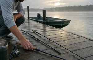 One-Piece vs Two-Piece Rods What You Really Give Up One-piece and two-piece fishing rods laid side by side on a wet lake dock at dawn