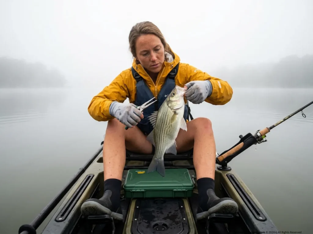 Angler processing bass identification protocol from a fishing kayak