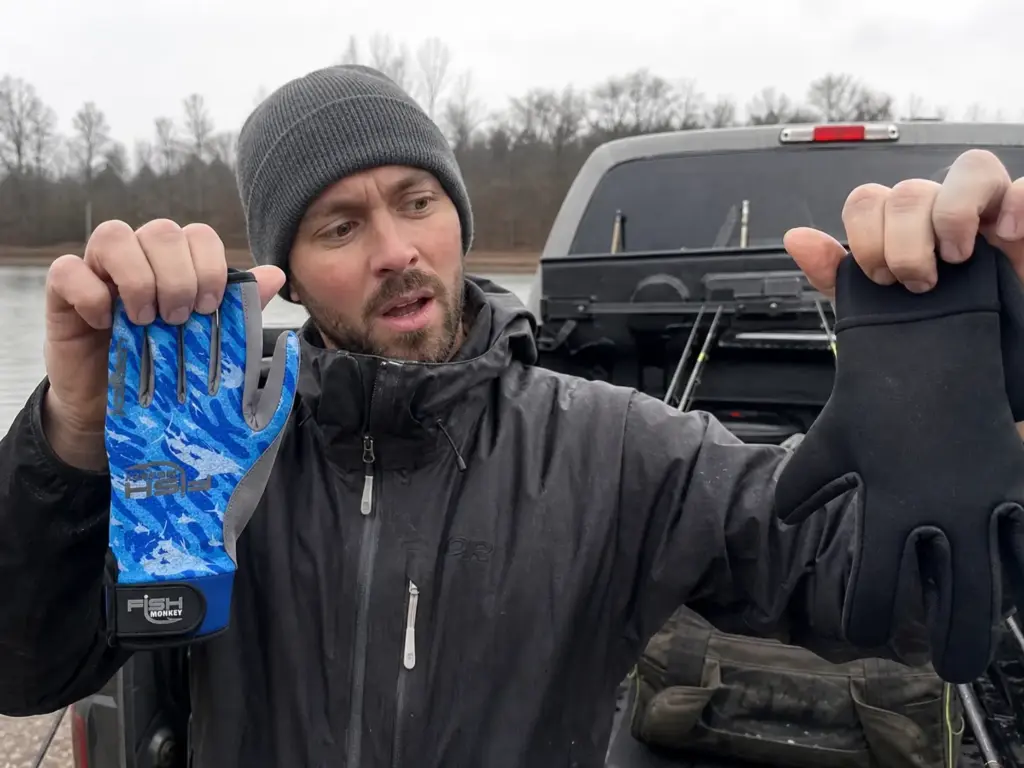 Two fishing gloves labeled the same size held side by side showing different fit