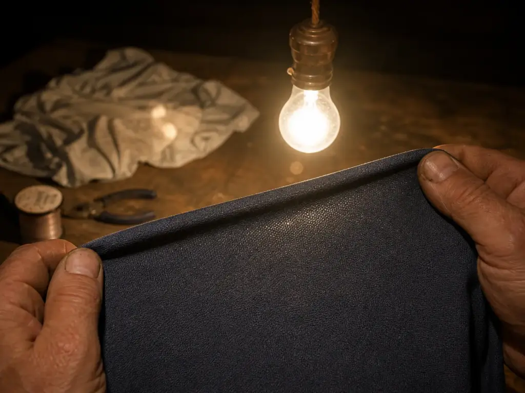 Close-up of tightly woven UPF shirt fabric held up to a bare light bulb showing the weave density