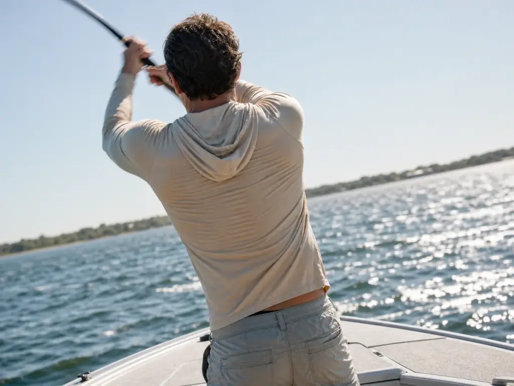 Rear view of an angler at the top of an overhead cast showing shoulder seam and hem lift