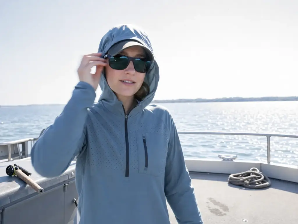 Woman angler with a sun hoodie hood up adjusting polarized sunglasses on a boat deck