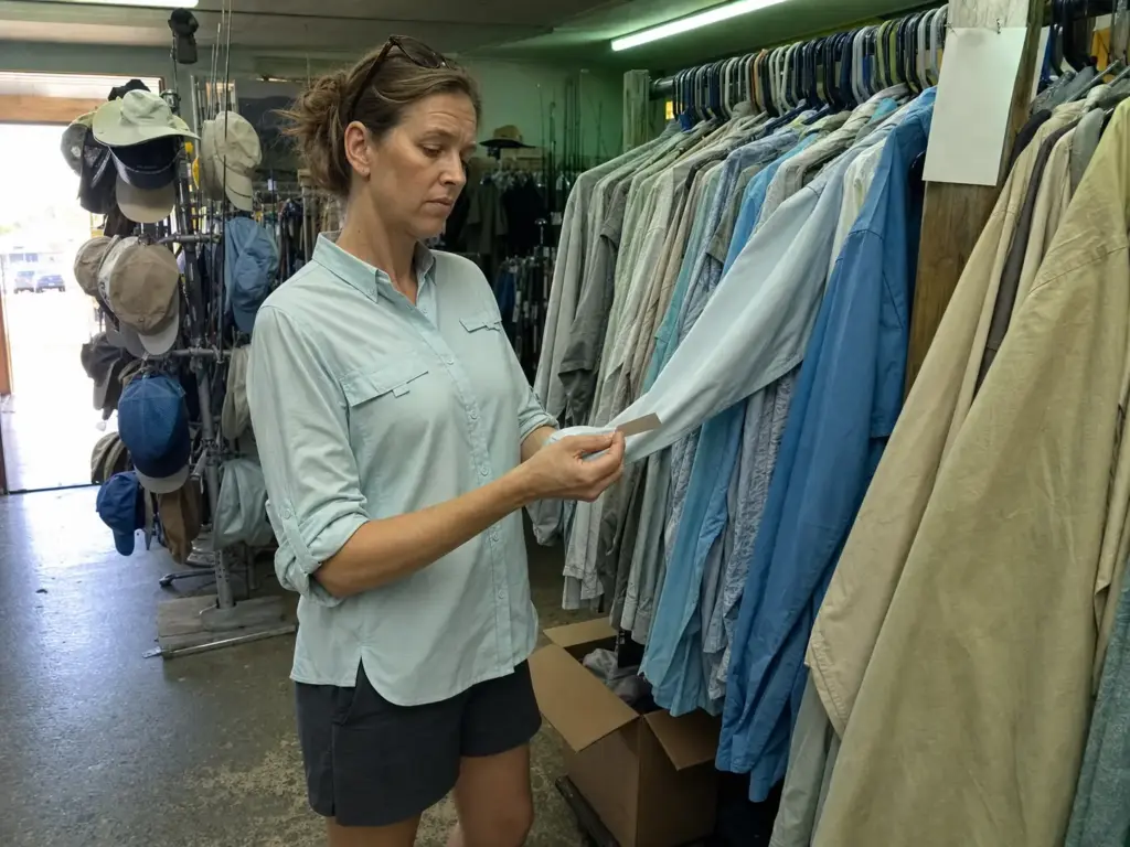 Angler reading the hangtag on a UPF fishing shirt with other shirts on a rack behind