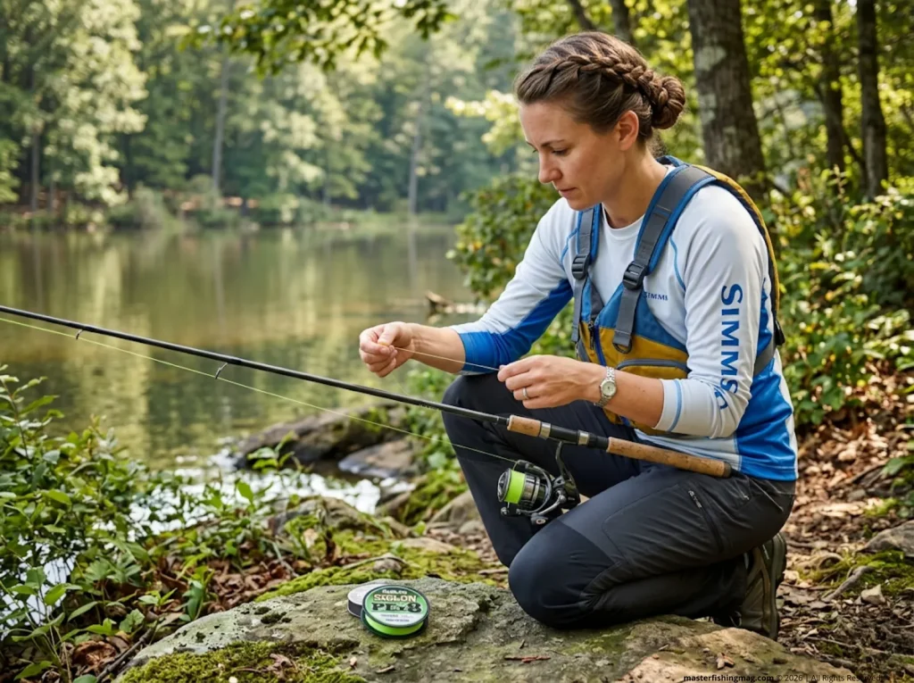 Female angler spooling 8-carrier Sunline braided line for casting distance on lake shore