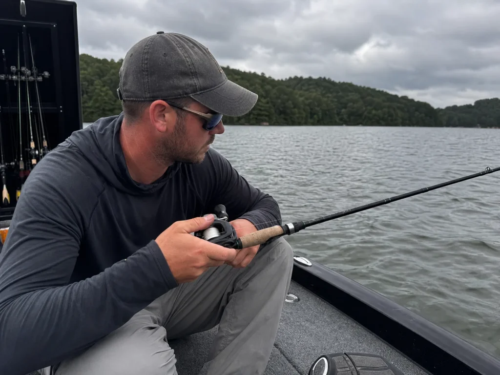 Finesse bass angler working deep structure with a one-piece Dobyns Fury casting rod from a boat