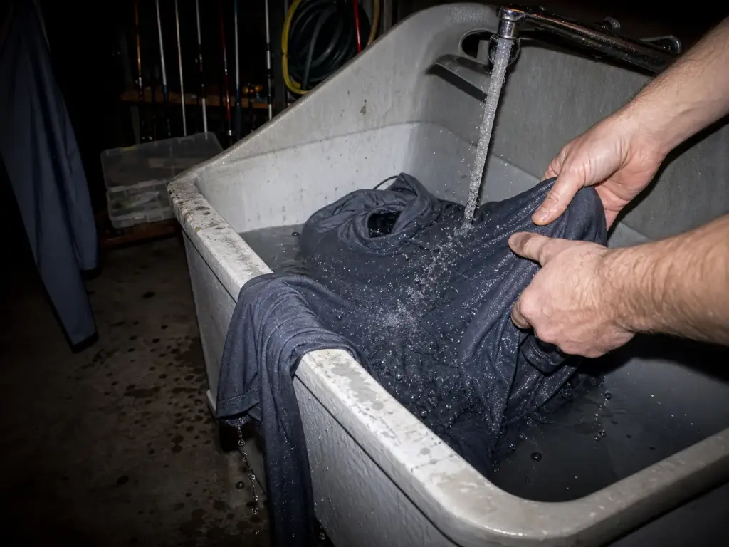 Hands rinsing salt out of a UPF sun shirt in a utility sink at dusk after a saltwater trip