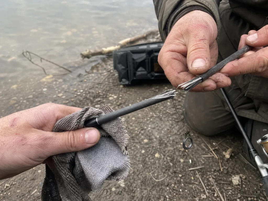 Angler carefully handling a snapped splintered carbon rod section to avoid sharp shards