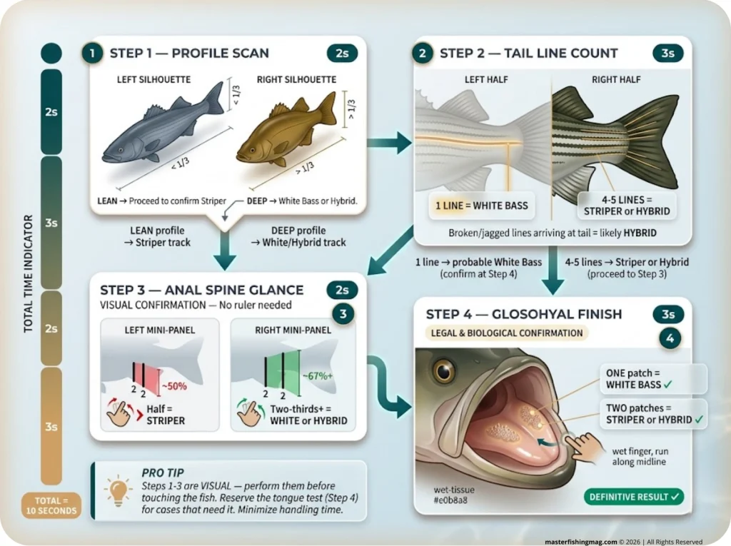 Infographic showing 4-step 10-second field protocol for identifying White Bass, Striped Bass, and Hybrid Bass with timed decision tree