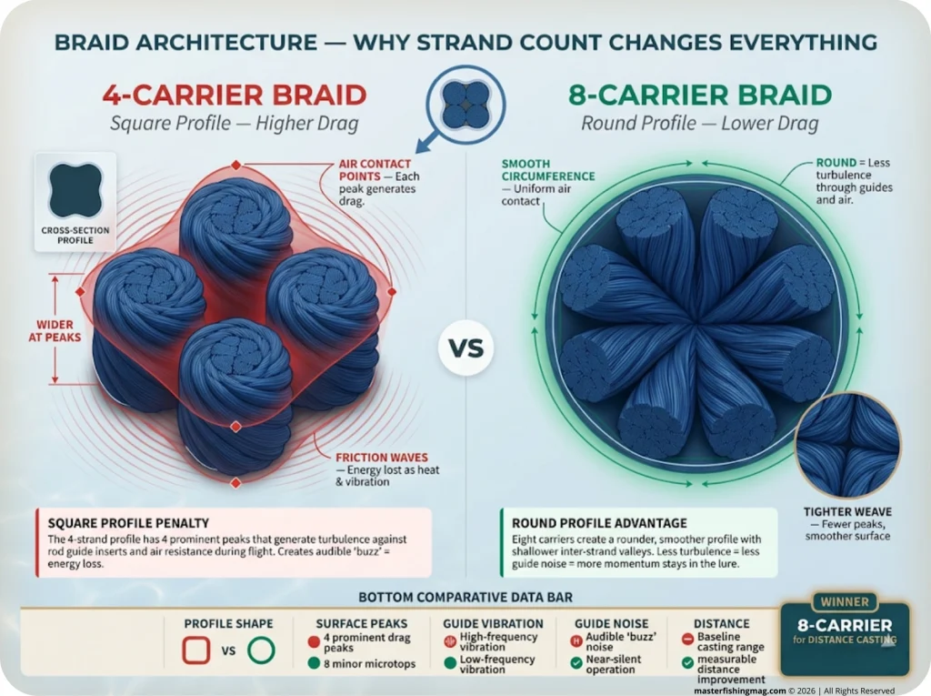 Infographic comparing 4-carrier vs 8-carrier braid cross-sections with surface area, air-contact points, and friction labels