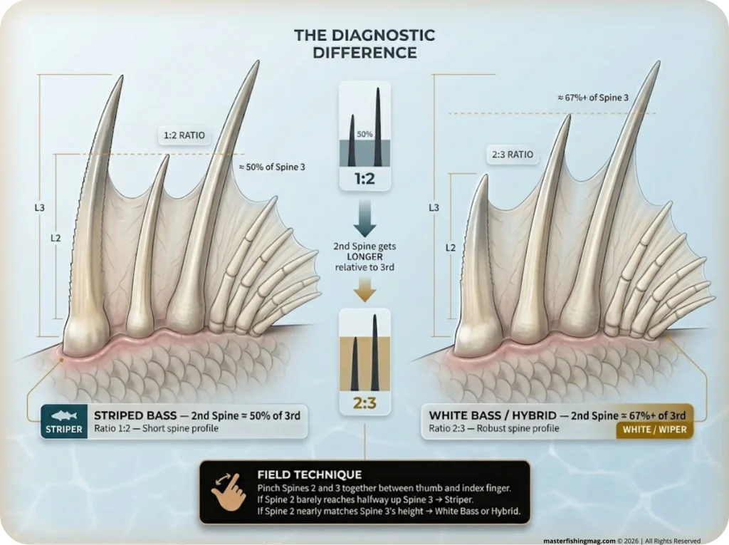 Infographic showing anal spine ratio comparison between Striped Bass and White Bass with labeled spine measurements and proportion guides