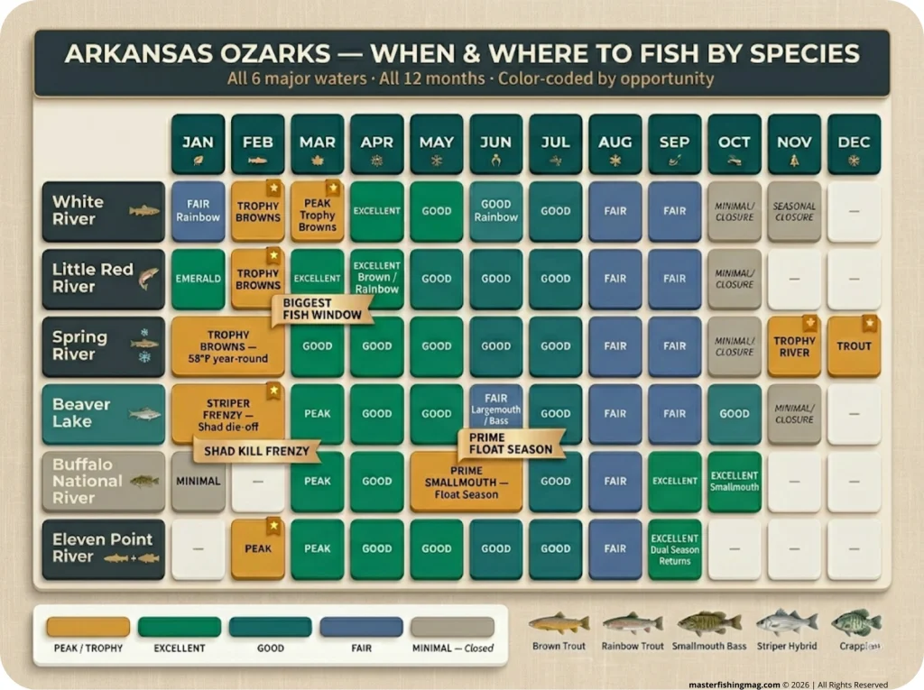 Infographic seasonal fishing calendar for Arkansas Ozarks showing monthly species availability across White River, Little Red, Spring River, Beaver Lake, Buffalo River, and Eleven Point