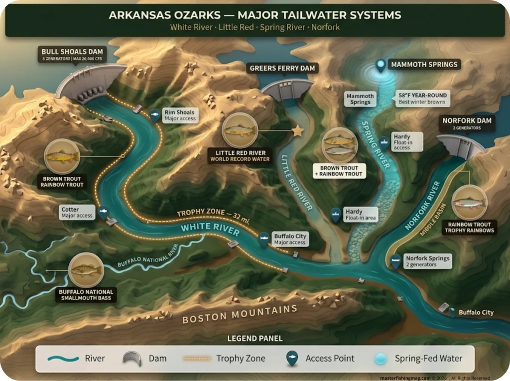 Infographic map of Arkansas Ozarks tailwaters showing White, Little Red, Spring, and Norfork rivers with dam locations, access points, and species labels