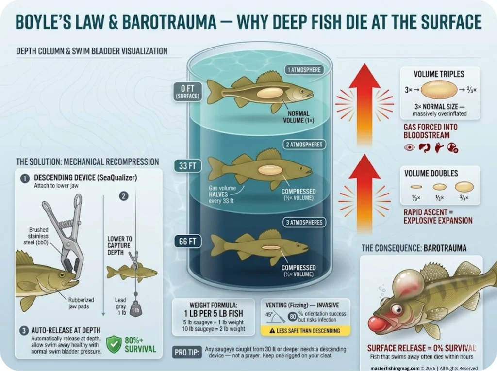 Infographic showing Boyle's Law barotrauma with swim bladder expansion at different depths and descending device formula