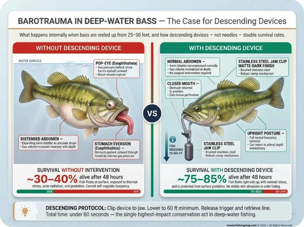 Infographic comparing bass barotrauma symptoms versus healthy recovery after descending device use, with survival statistics and labeled anatomy