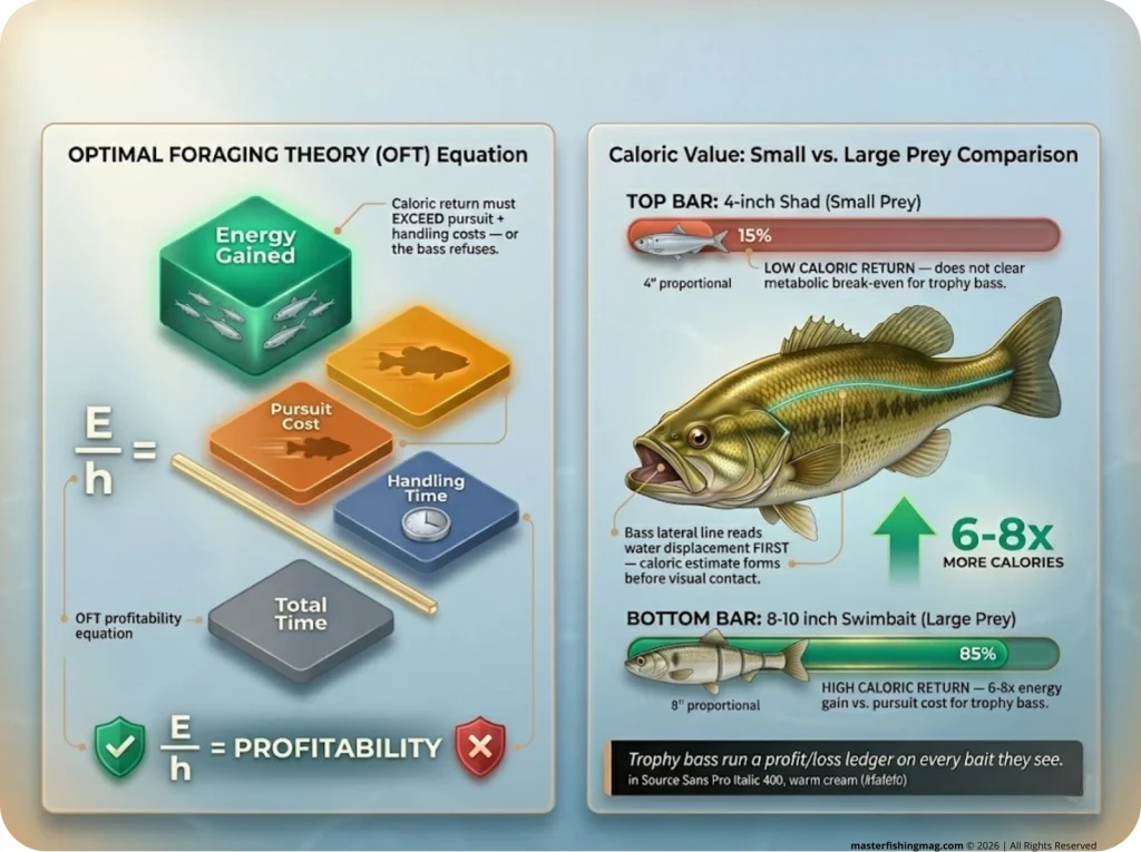 Infographic showing bass optimal foraging theory with OFT equation variables, caloric value bars for small vs. large prey, and energy cost labels