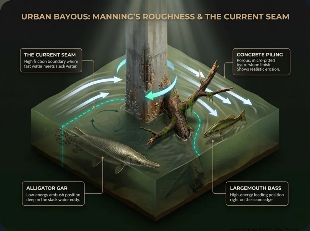 Infographic diagram showing current seams around bayou bridge pilings with alligator gar and bass positioning