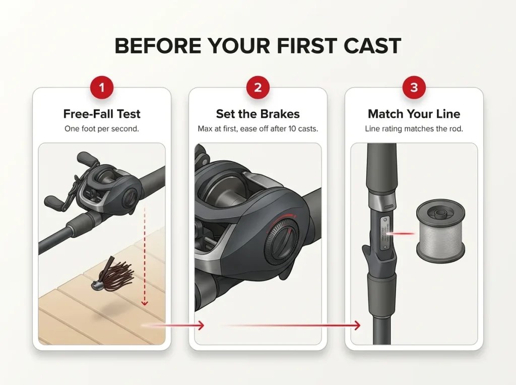 Step-by-step checklist infographic showing three pre-cast reel setup checks for baitcasting jig fishing