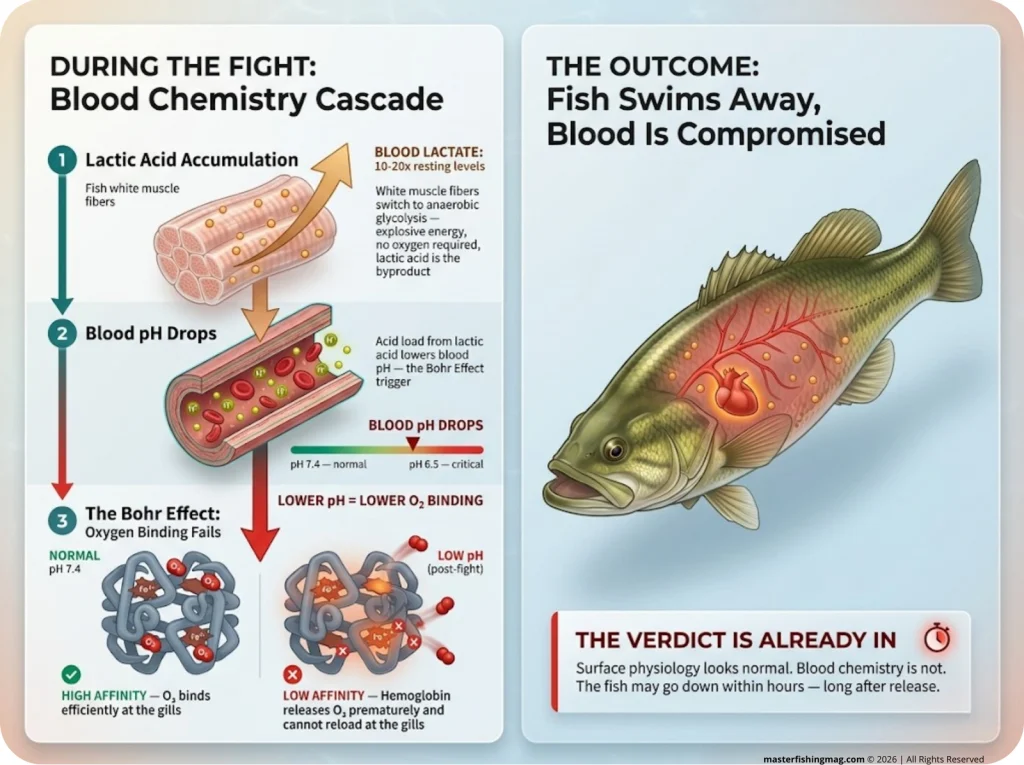 Infographic showing blood chemistry changes during fish fight with lactate, pH, and Bohr Effect oxygen affinity shift