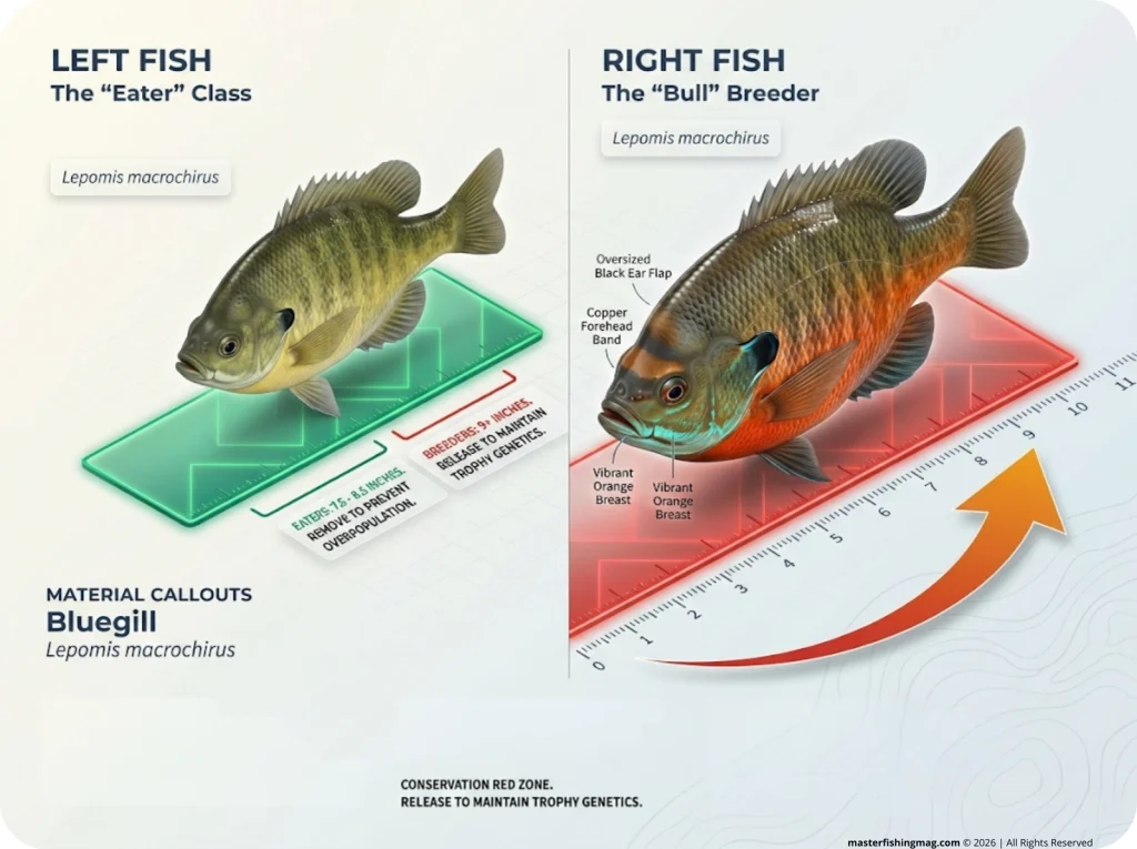Infographic showing bluegill harvest sizing chart with harvest green zone and conservation red zone for dominant bull males