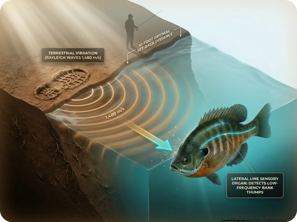 Infographic showing terrestrial vibration waves intersecting a bluegill's lateral line with optimal 10-foot bank set-back