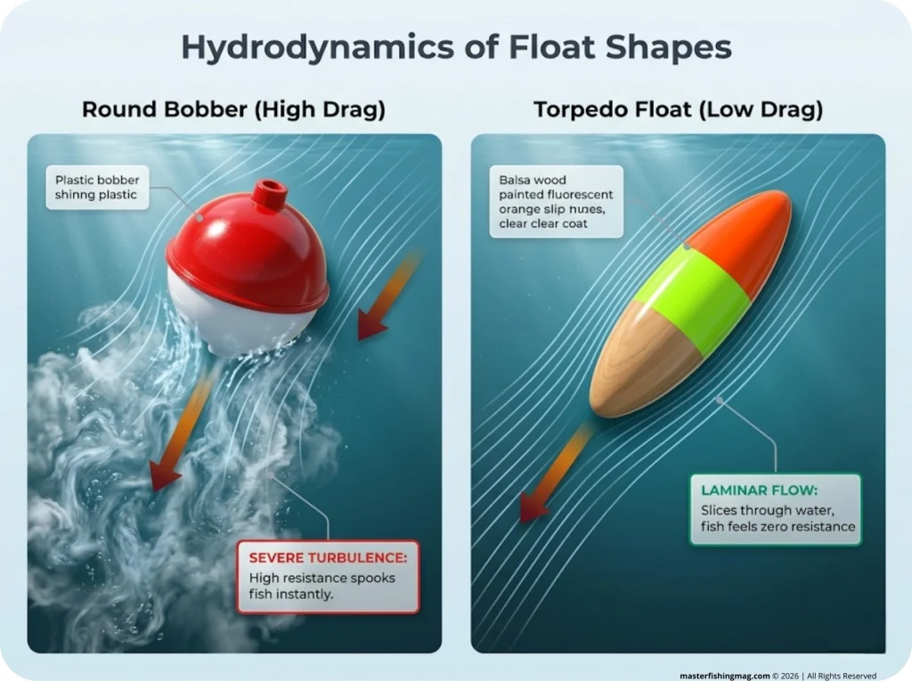 Infographic comparing water resistance between round bobbers and torpedo floats with labeled flow lines and turbulent wake zones