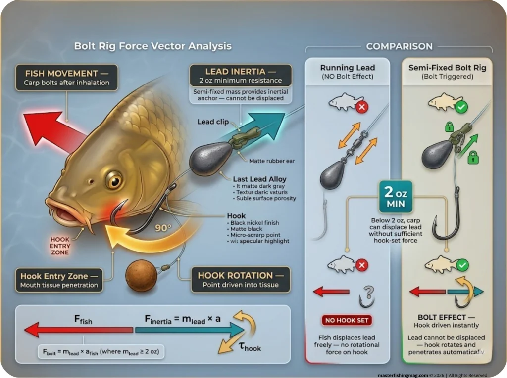 Vector diagram of bolt rig physics showing fish movement, lead inertia, hook rotation, and running vs bolt rig comparison