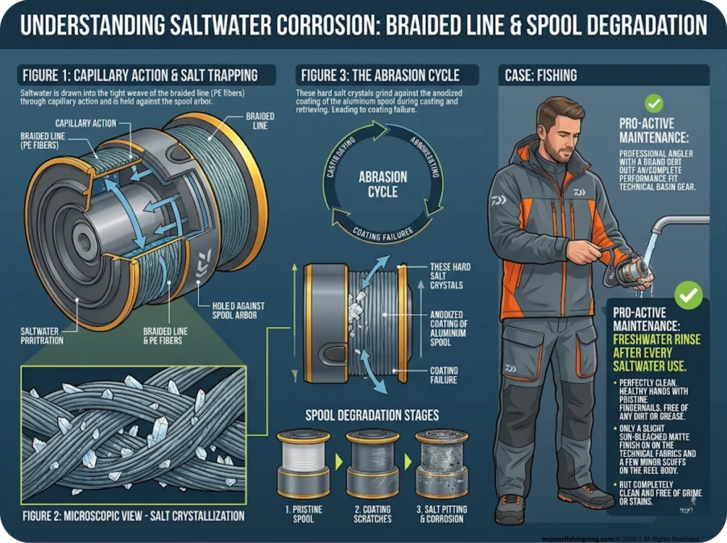 Infographic showing braided line spool cross-section with magnified salt crystal capillary action and clean vs. corroded spool comparison