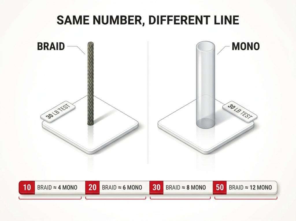 Comparison showing thin braid vs thick mono at 30 lb test with conversion strip for 10/20/30/50 braid to mono