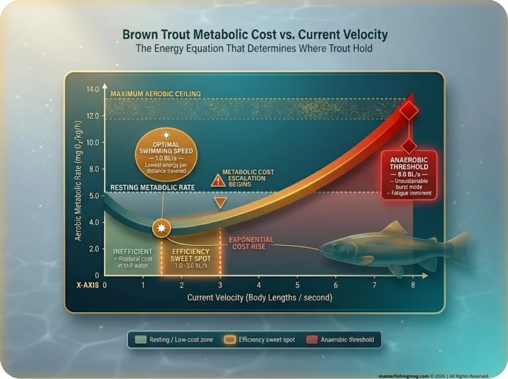 Infographic showing brown trout metabolic cost curve with current velocity zones, efficiency sweet spot, and anaerobic threshold markers