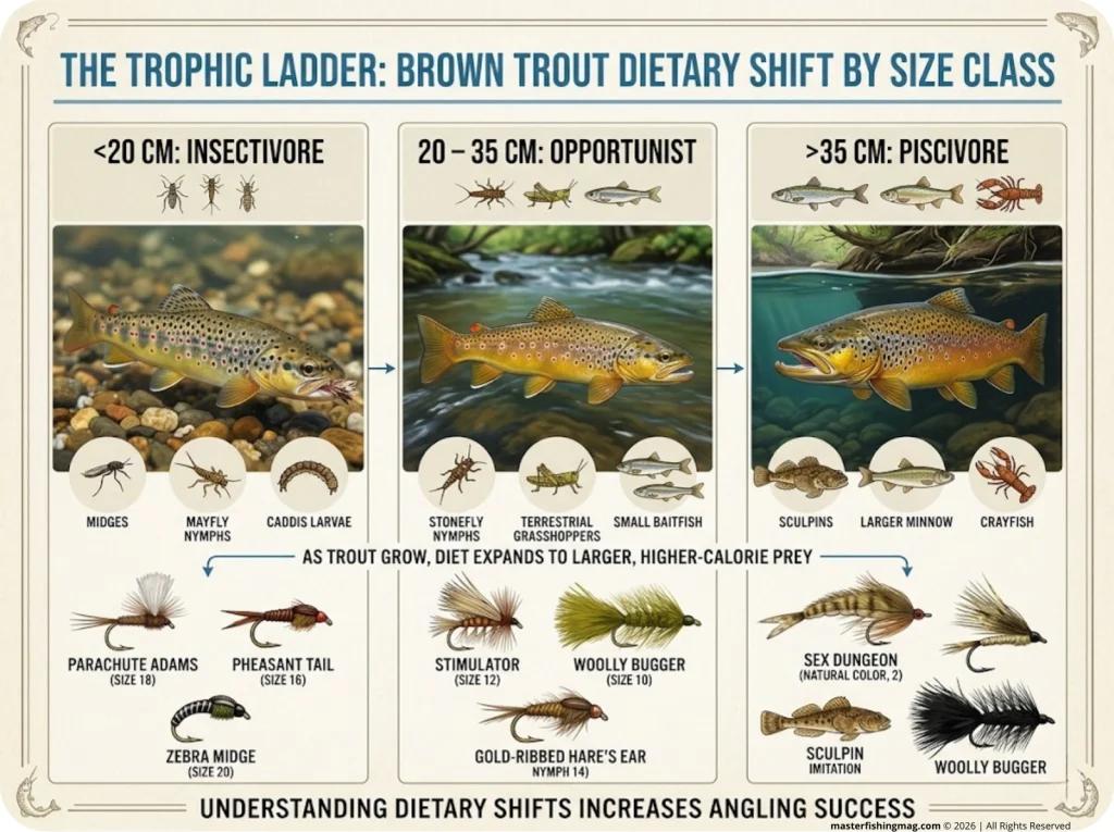 Infographic showing three-tier trophic ladder for brown trout with fly selection matched to fish size and trophic position