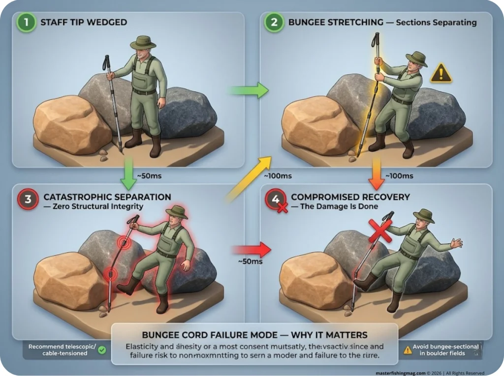 Infographic showing 4-frame sequence of bungee cord wading staff failure with labeled stages and safety warnings