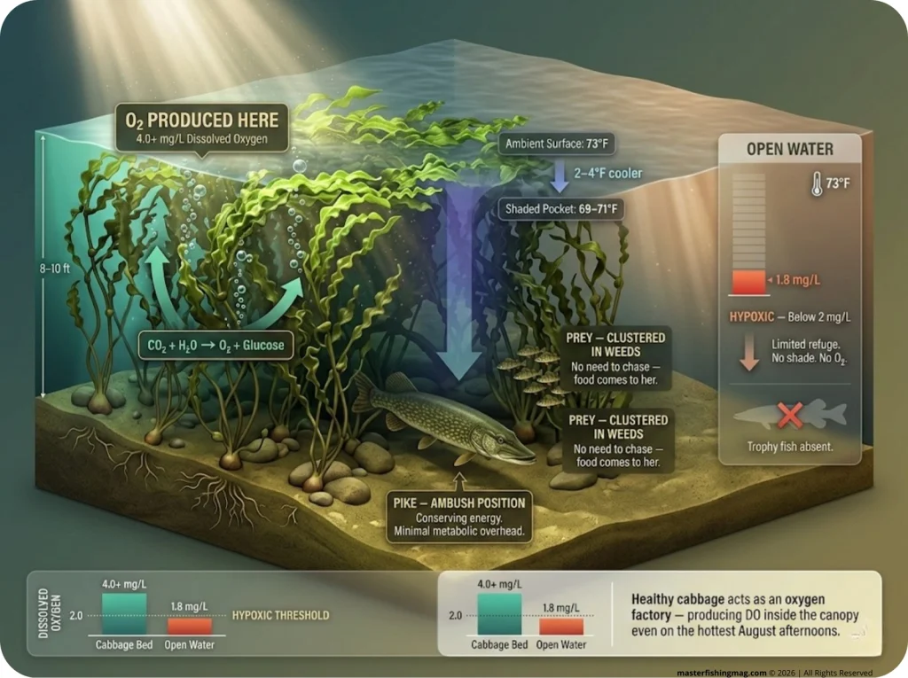 Infographic cross-section of a cabbage bed showing O2 production, temperature shade zones, pike positioning, prey clusters, and open-water DO comparison