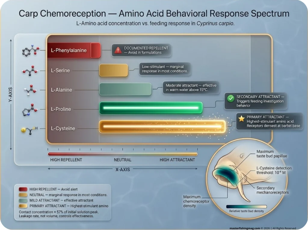 Infographic showing carp amino acid attractant spectrum with labeled L-Cysteine, L-Proline, and barbel receptor density inset