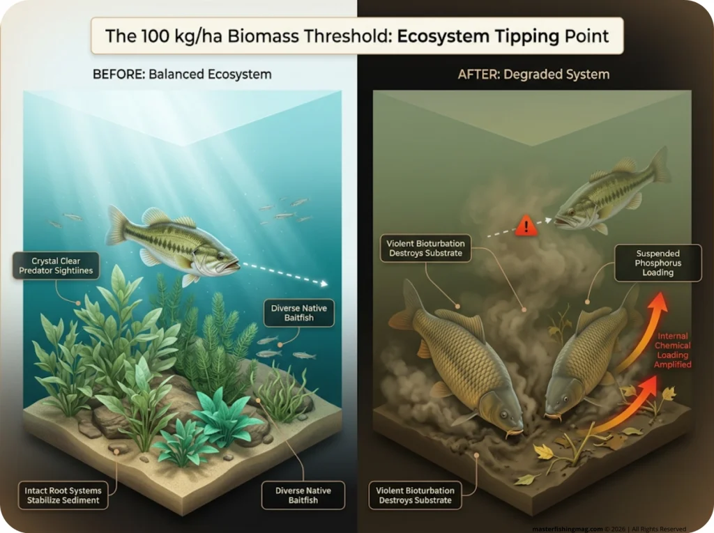 Infographic showing lake ecosystem before and after carp biomass threshold with labeled water clarity, vegetation density, and feeding sightlines