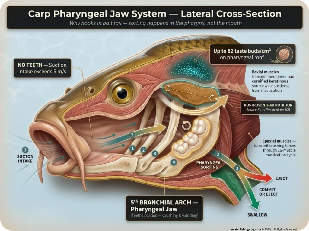 Lateral cross-section of carp pharyngeal jaw with 5th arch, chewing pad, rotation axis, and taste bud density label