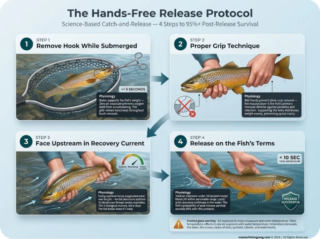 Infographic showing 4-step hands-free catch and release protocol for brown trout with physiological rationale for each step