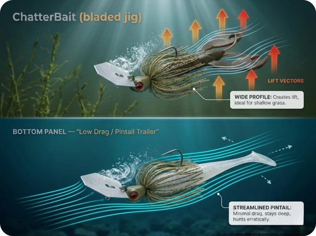 Infographic showing water flow hydrodynamics over ChatterBait trailers with lift vectors for craws versus diving pintails