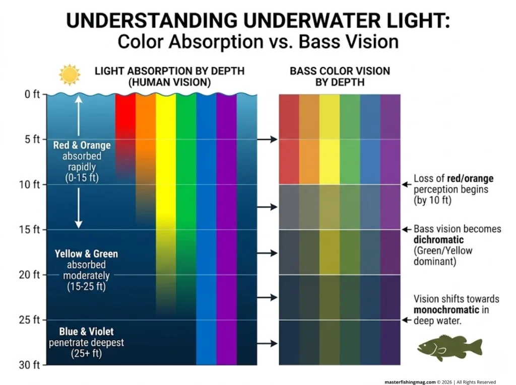 Infographic showing color absorption by water depth from 0-30 ft with bass spectral sensitivity peaks at 535nm and 614nm marked