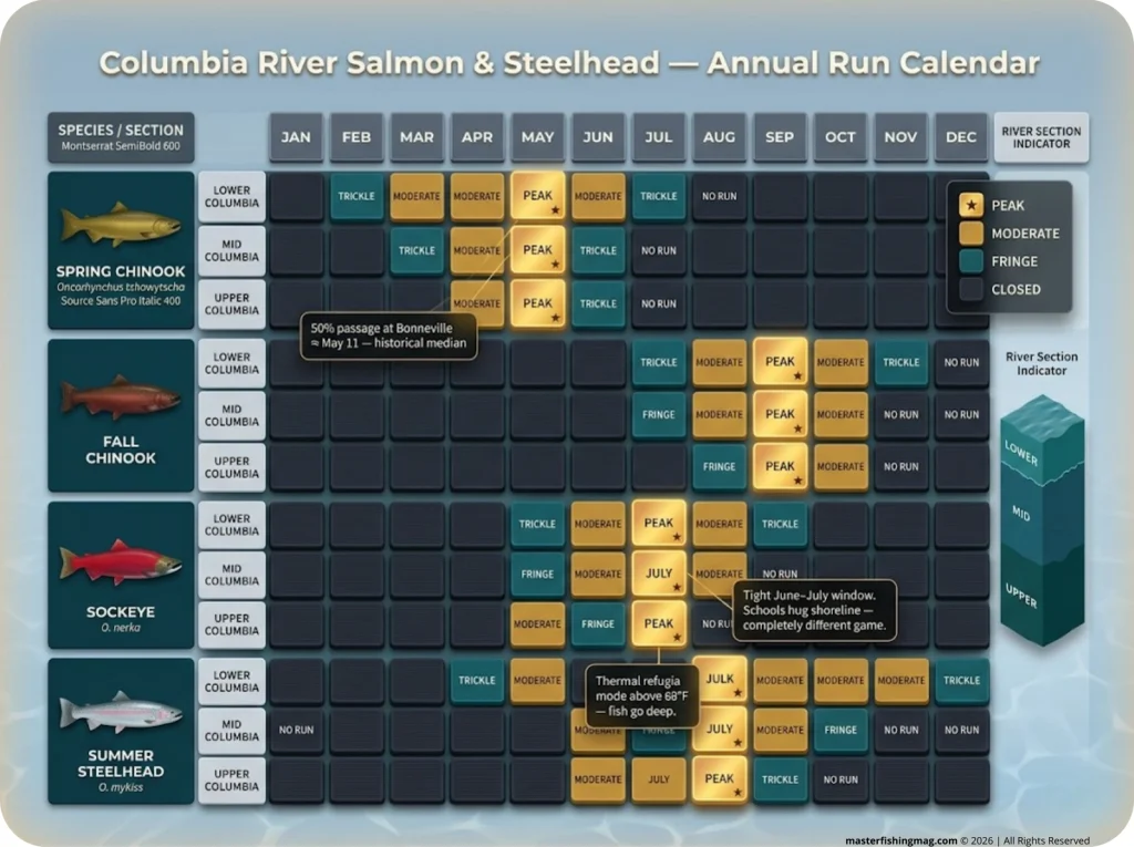 Infographic showing Columbia River 12-month salmon and steelhead run calendar by river section with color-coded intensity bands