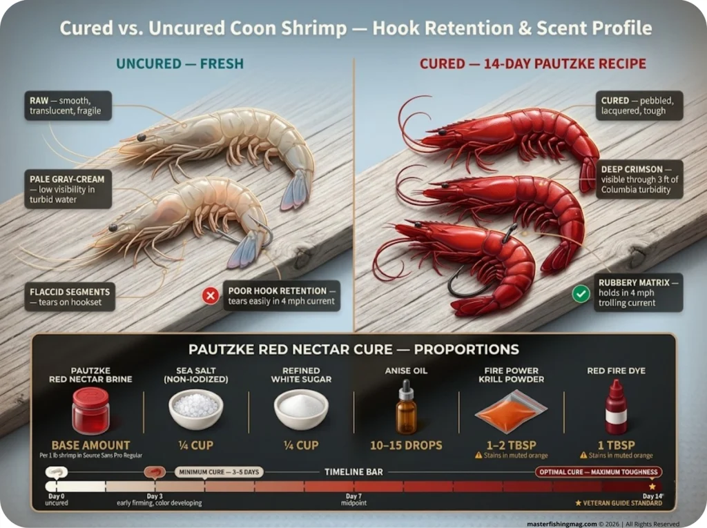 Infographic comparing cured vs uncured coon shrimp with labeled texture differences, color changes, and Pautzke recipe proportions