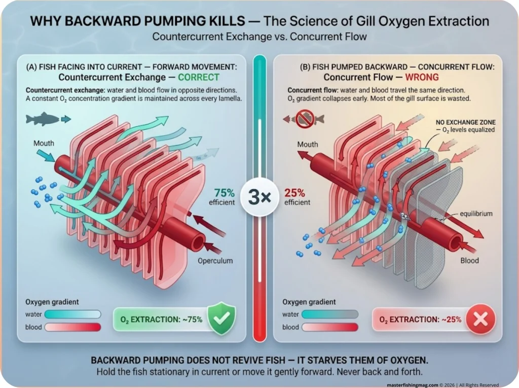Infographic showing countercurrent exchange at 75% O2 extraction versus concurrent flow at 25% when fish is pumped backward