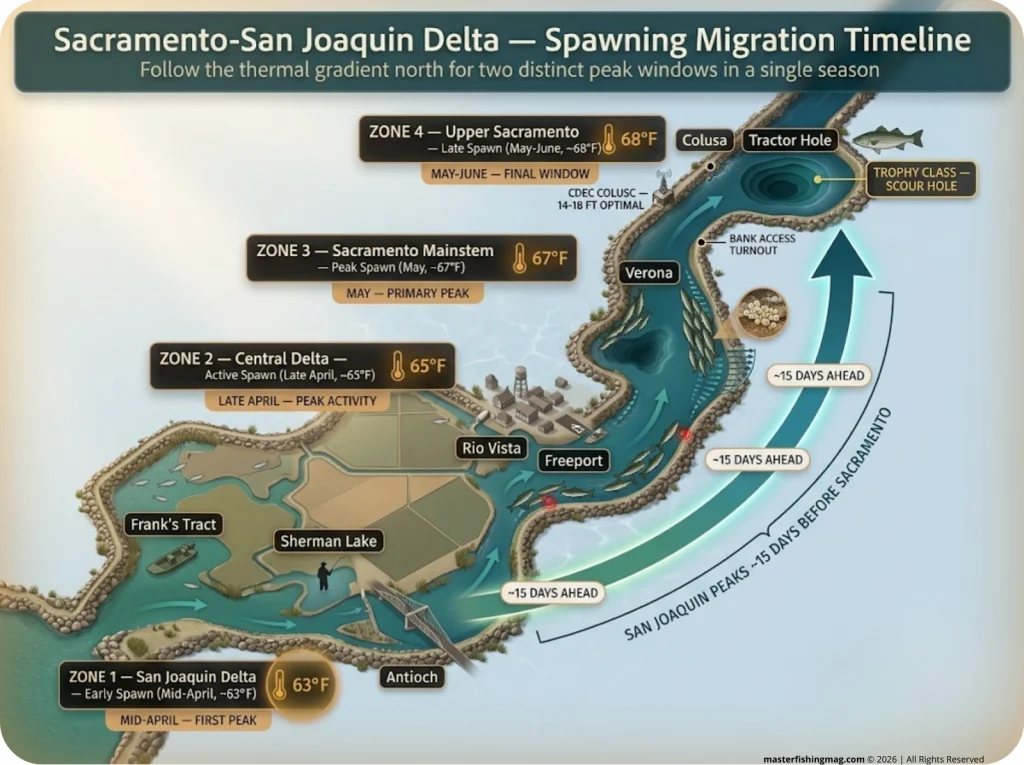 Infographic showing Sacramento-San Joaquin Delta spawning timeline with color-coded temperature gradient moving north across four zones