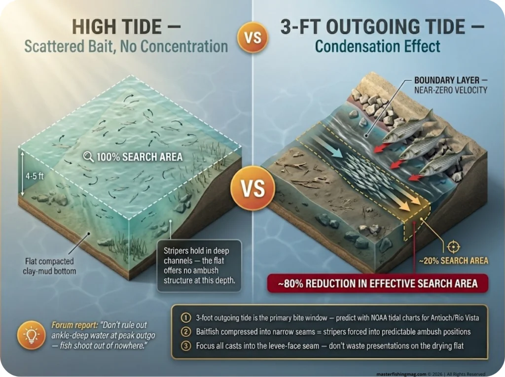 Infographic comparing Delta flat at high tide vs 3-foot outgo showing baitfish compression and striper concentration in seams
