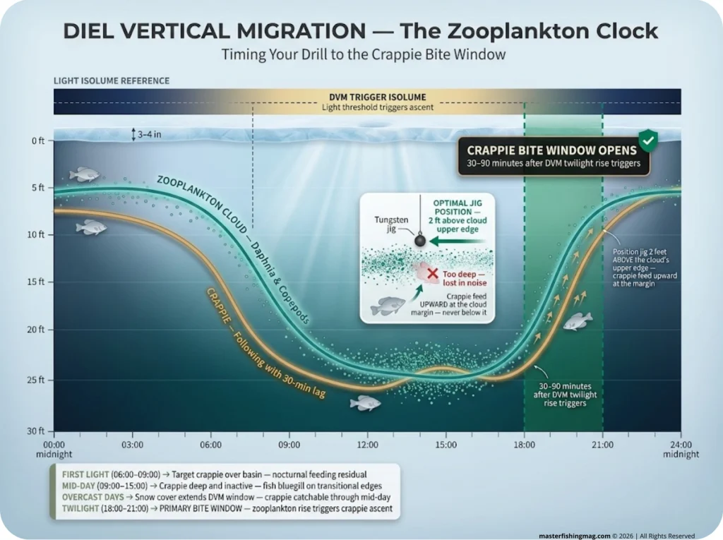 Infographic showing 24-hour diel vertical migration cycle under ice with zooplankton and crappie position tracking