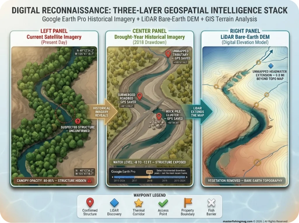Infographic comparing three digital scouting views of a river stretch with satellite imagery, drought-year structure, and LiDAR terrain data